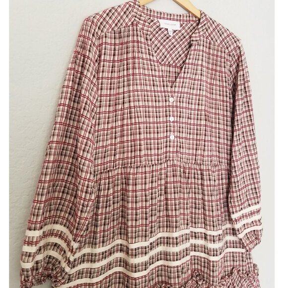 Dear John Plaid Ribbon Trim Tiered Mini Dress S Balloon Sleeves Cottagecore Boho - Picture 12 of 16